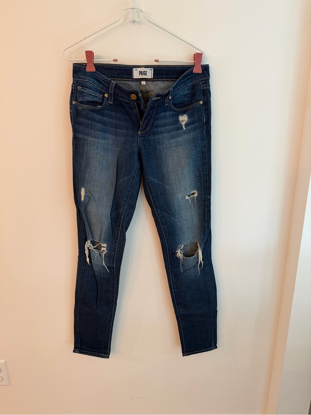 PAIGE Dark Wash Distressed Skinny Jeans
